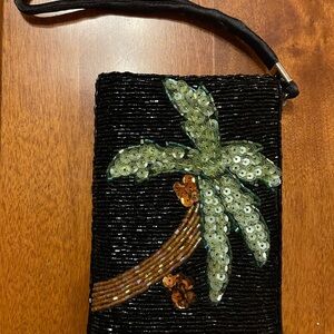 Tropical Black Beaded Clutch with Palm Design